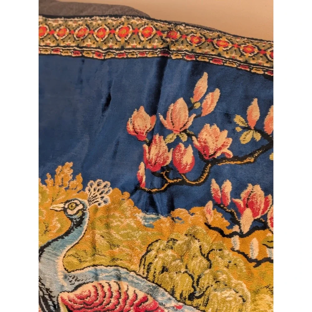 Velvet Peacock Tapestry Large 6x4 Wall Hanging Fringe Boho Cottagecore Vintage